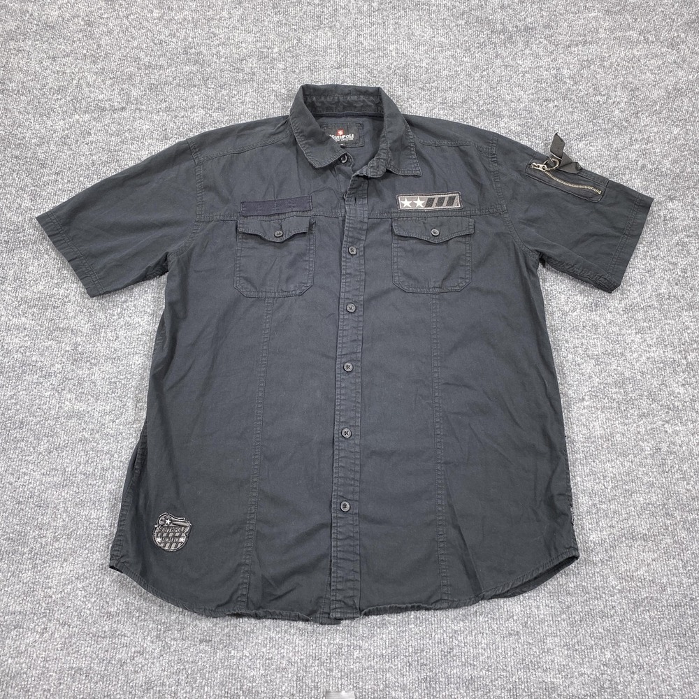 Southpole Shirt Mens XL Black Utility Short Sleeve Patch Button Up Streetwear
